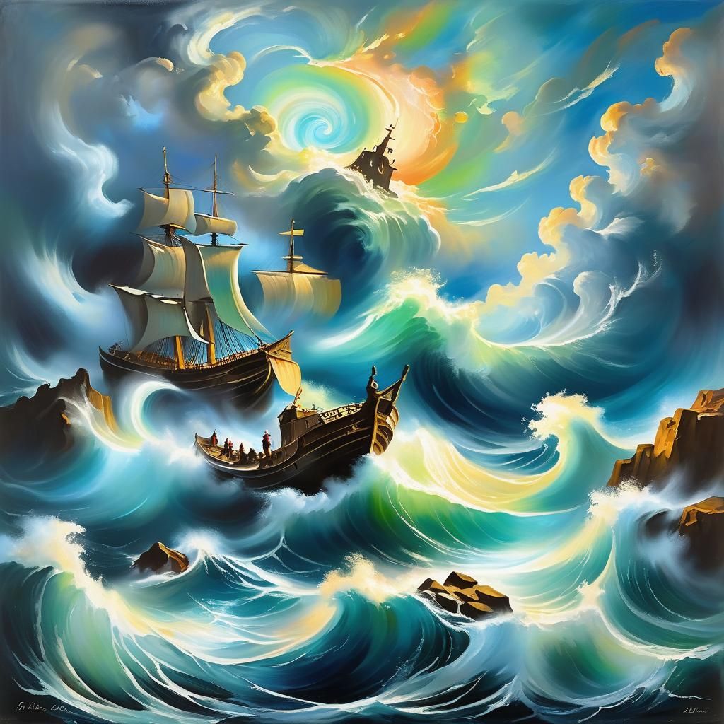 Baroque Staircase Ascends Above Tempestuous Seas