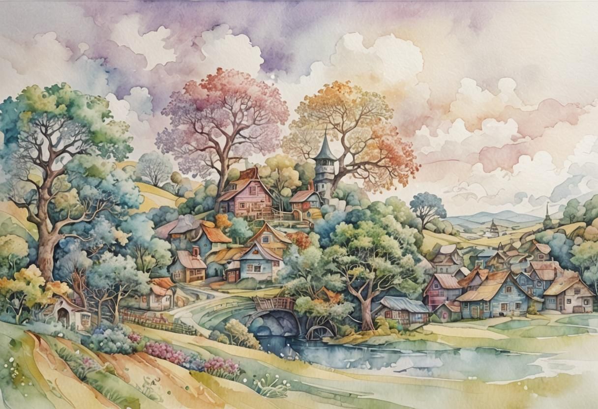 Watercolor Village Landscape with Abstract Fractal Elements