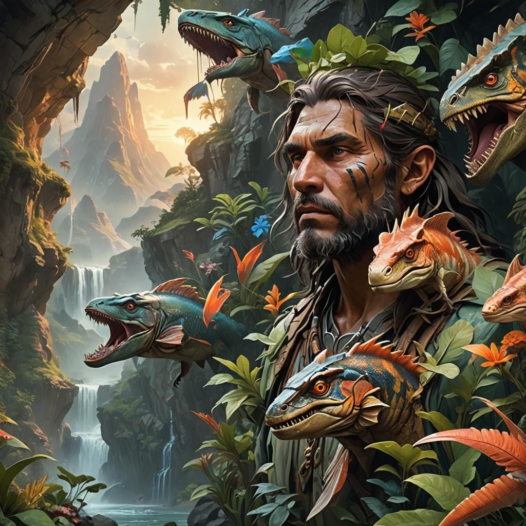 Prehistoric Mountain Scene with Dinosaurs in 3D