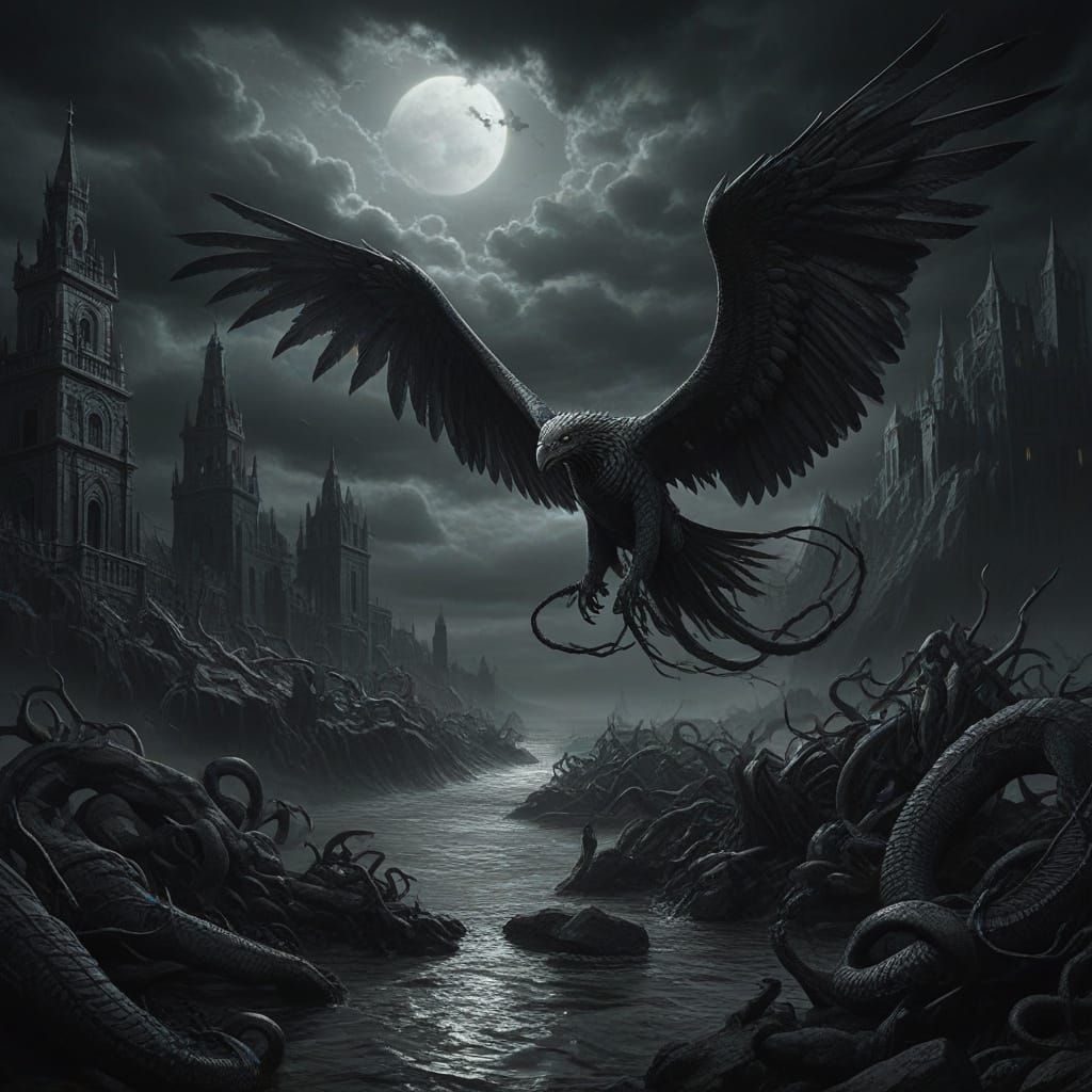 Battle of Good vs Evil in a Dark, Ominous Landscape