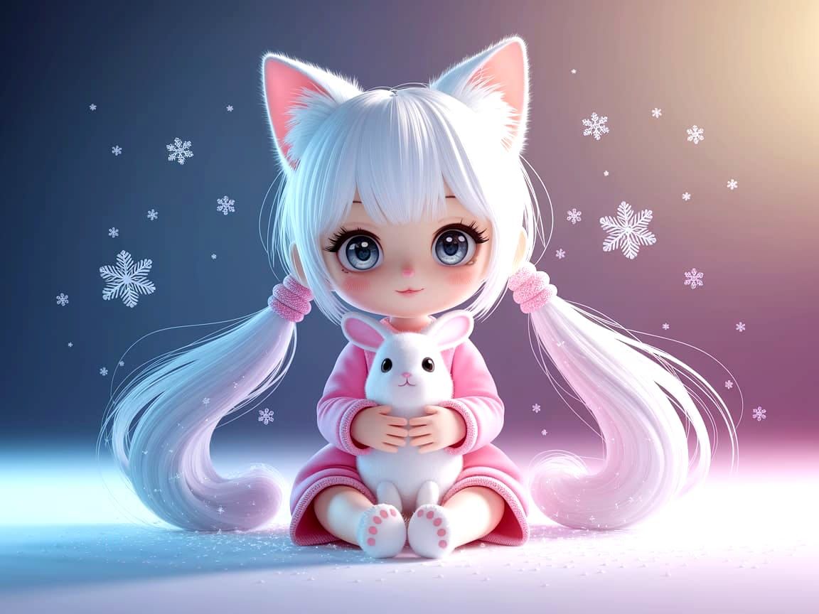Anime Cat Girl in Snowy Scene, 3D Rendered