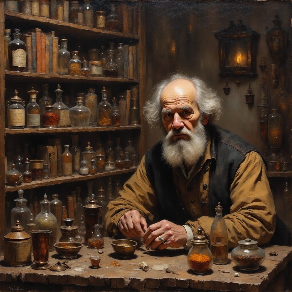 Apothecary in Candle-Lit Workshop as Rembrandt Painting