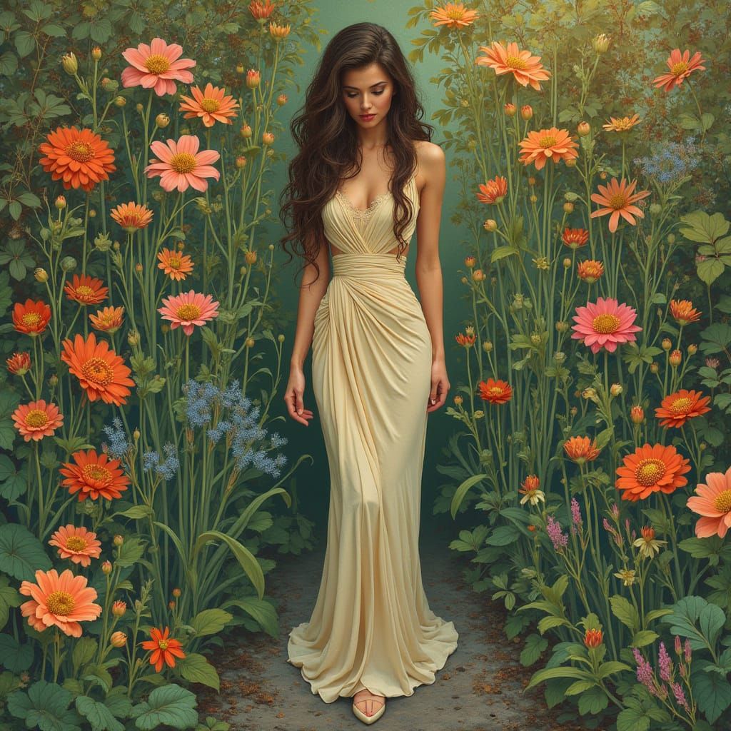 Elegant Woman in Lush Garden, Art Nouveau Style