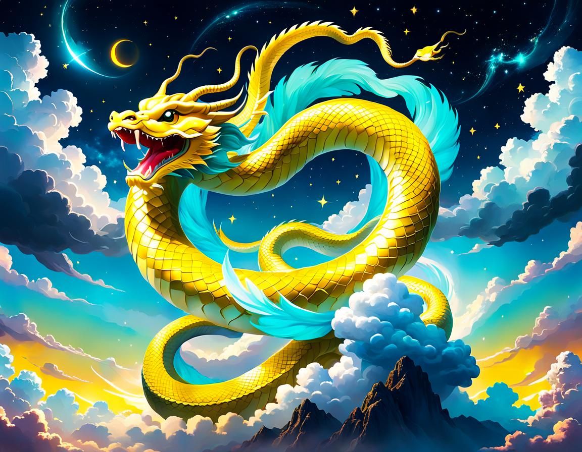 Chibi Chinese Dragon Ascending to Celestial Sky