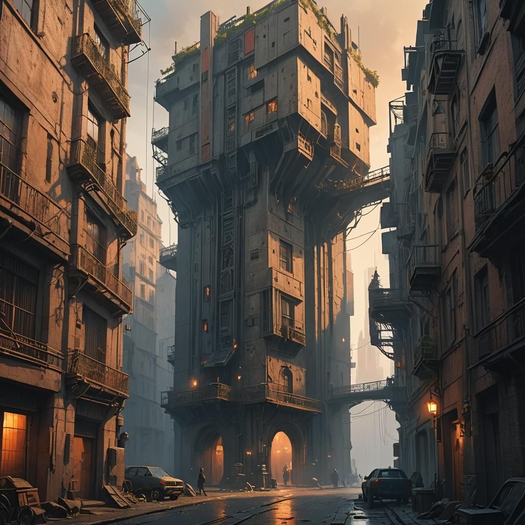 Mystical Guillotine in Brutalist French Revolution Alleyway