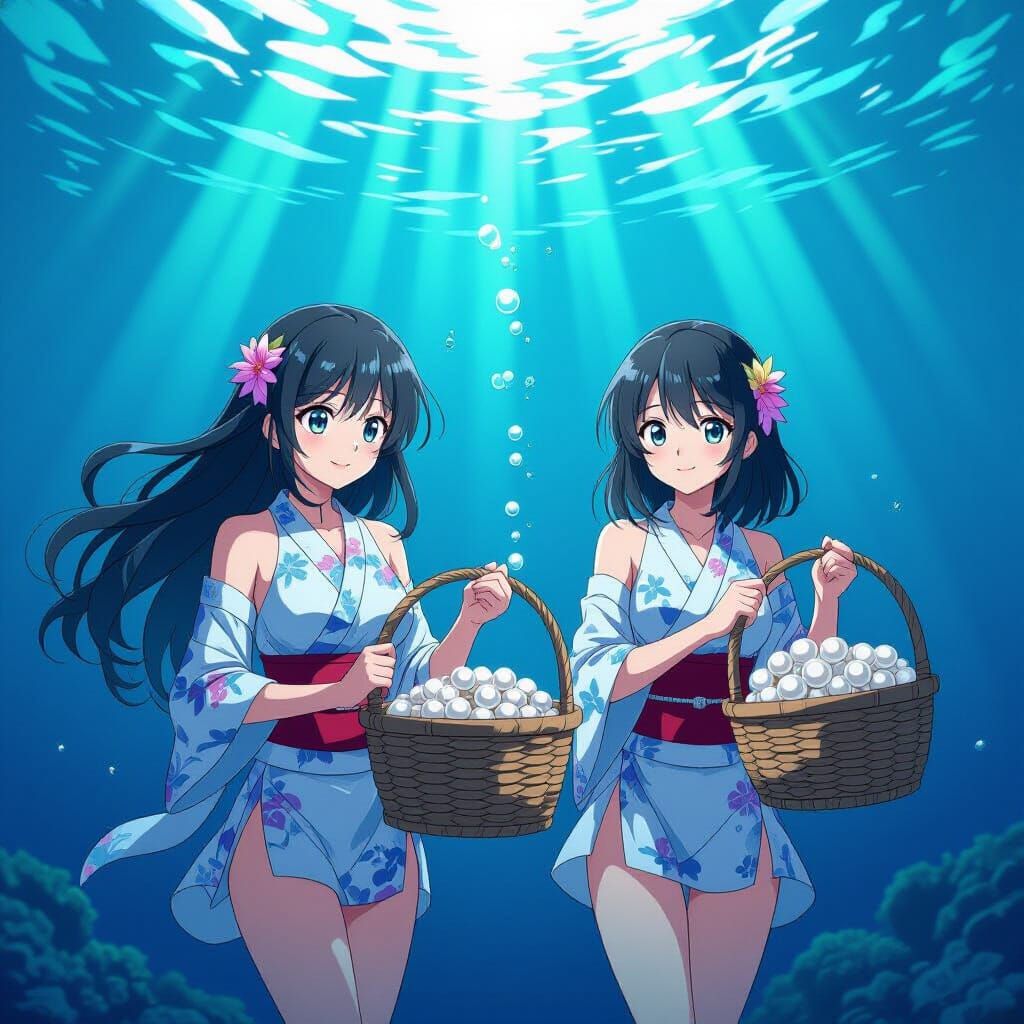 Japanese Pearl Divers Underwater in Vibrant Anime Style