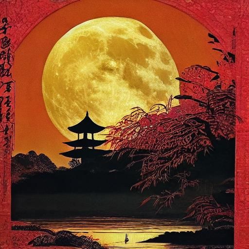 Pagoda and Geisha Silhouette with Moonlit Ocean