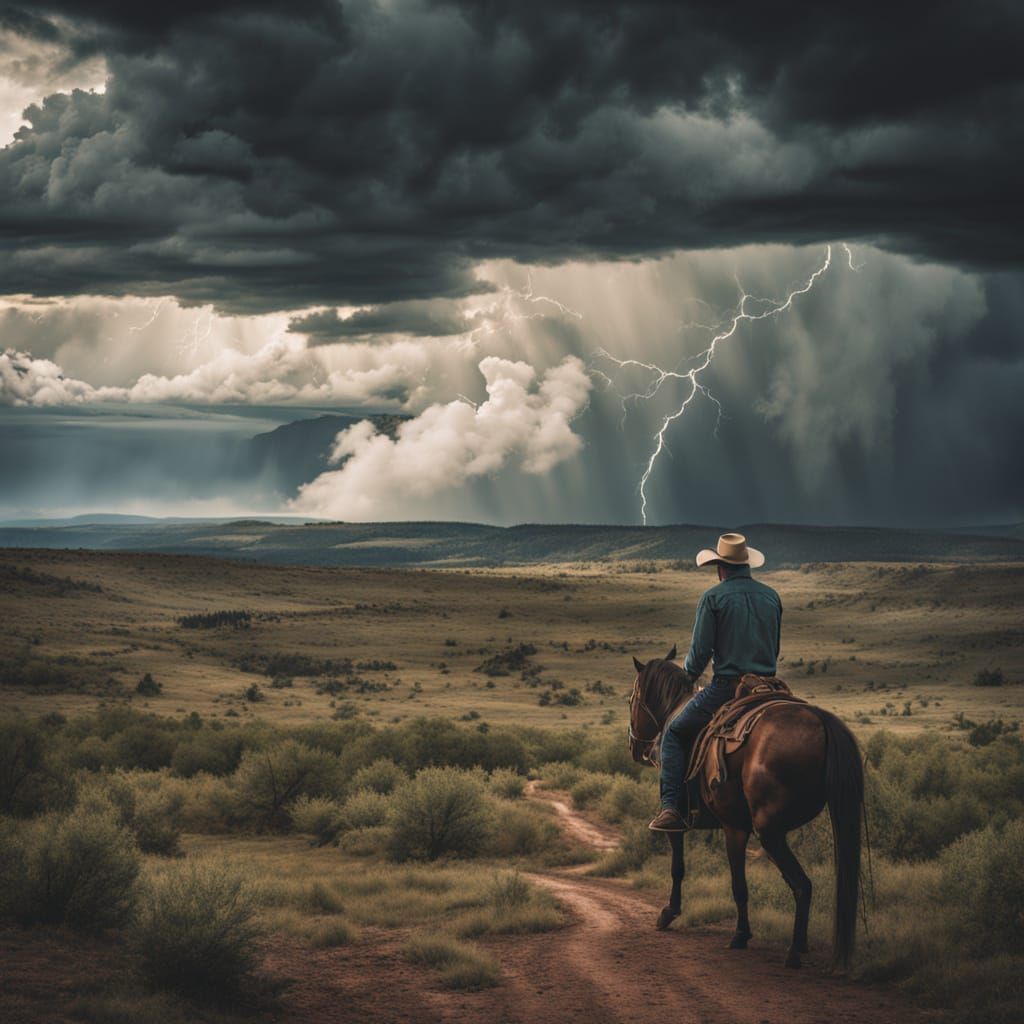 Cowboy Stares at Approaching Storm as Oil Painting