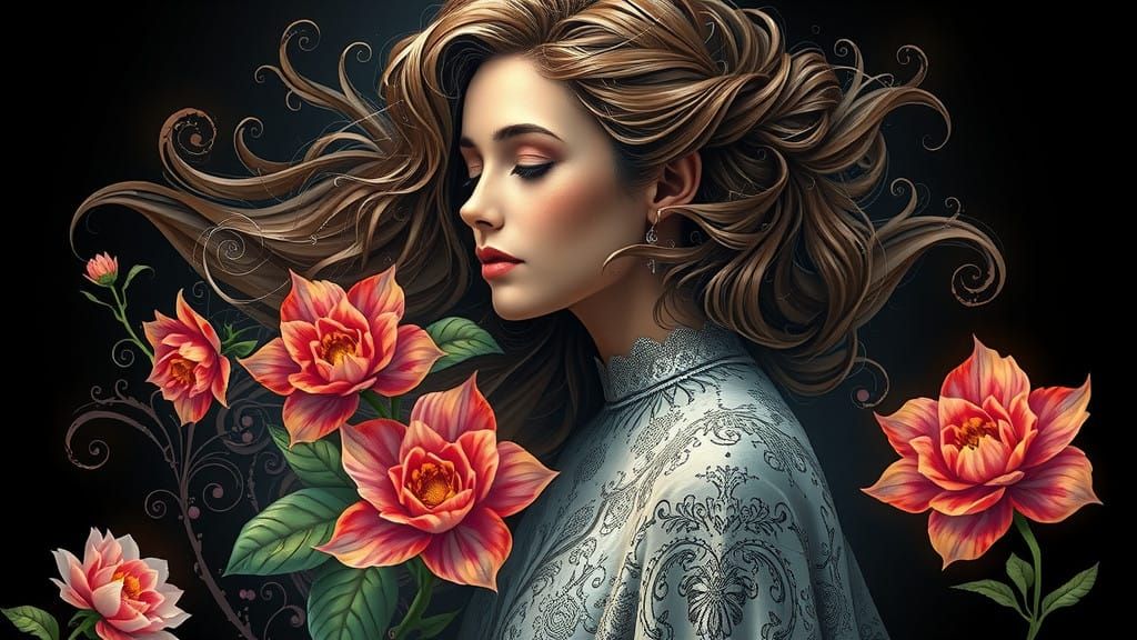 Surreal Fractal Blooms Surround a Serene Woman in Cyberpunk ...