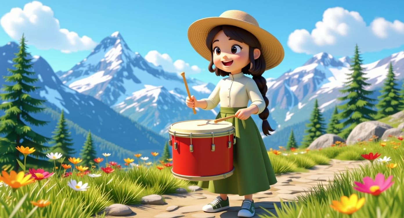 Cartoon Girl Drumming on Mountain Path in 3D Anime Art