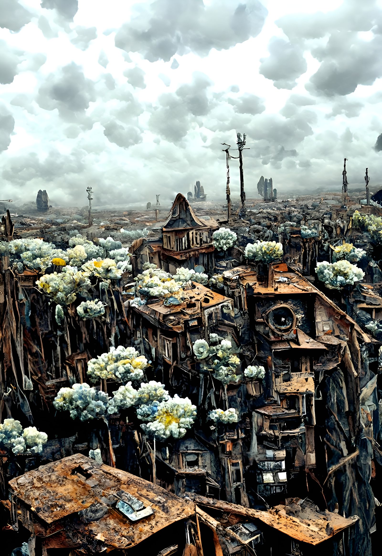 Post-Apocalyptic City with Flowers: Detailed Digital Art