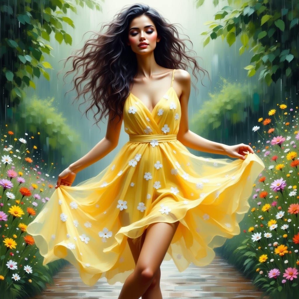 Dancing Brunette in Whimsical Park Scene