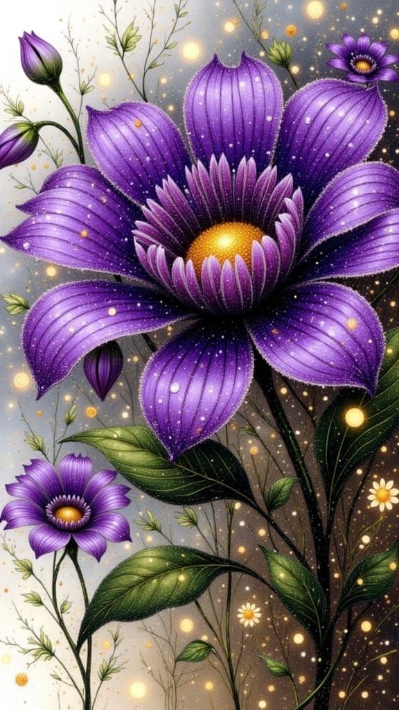 Purple Flowers in Pointillism Style