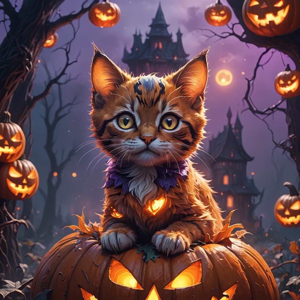 Kitten in Glowing Jack-o'-Lantern: Surreal Fantasy Art