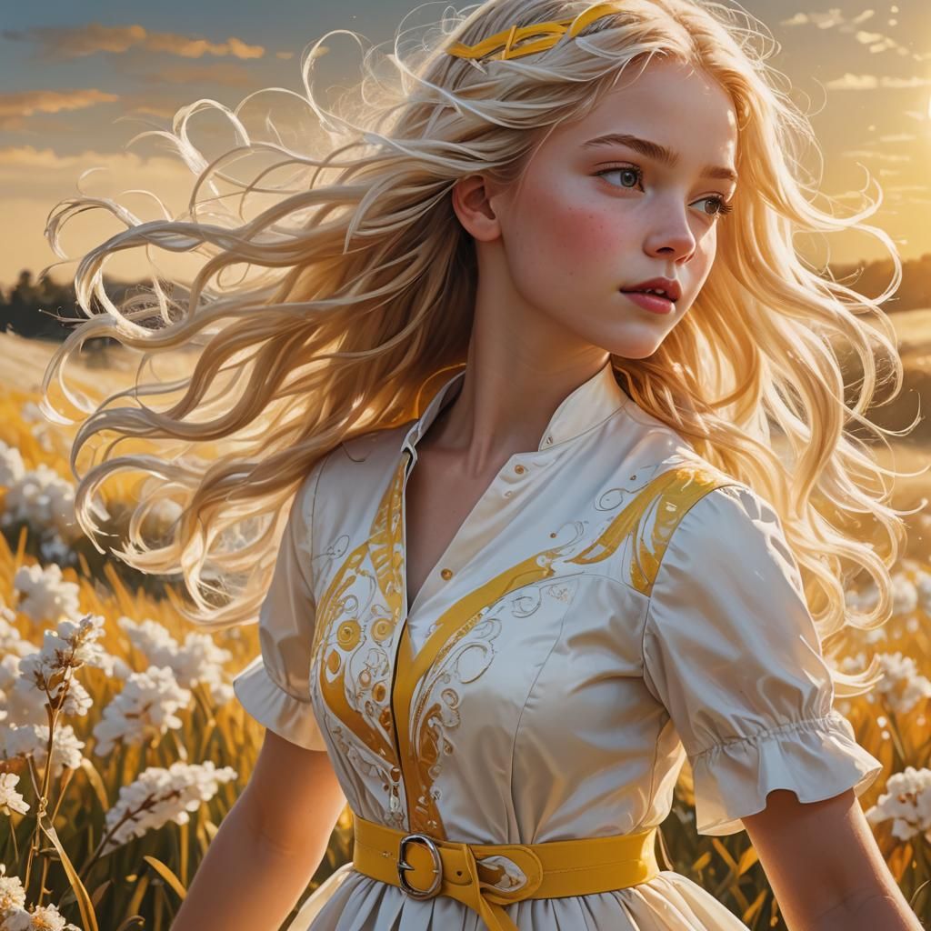 Girl in Field with Windblown Hair, Digital Art