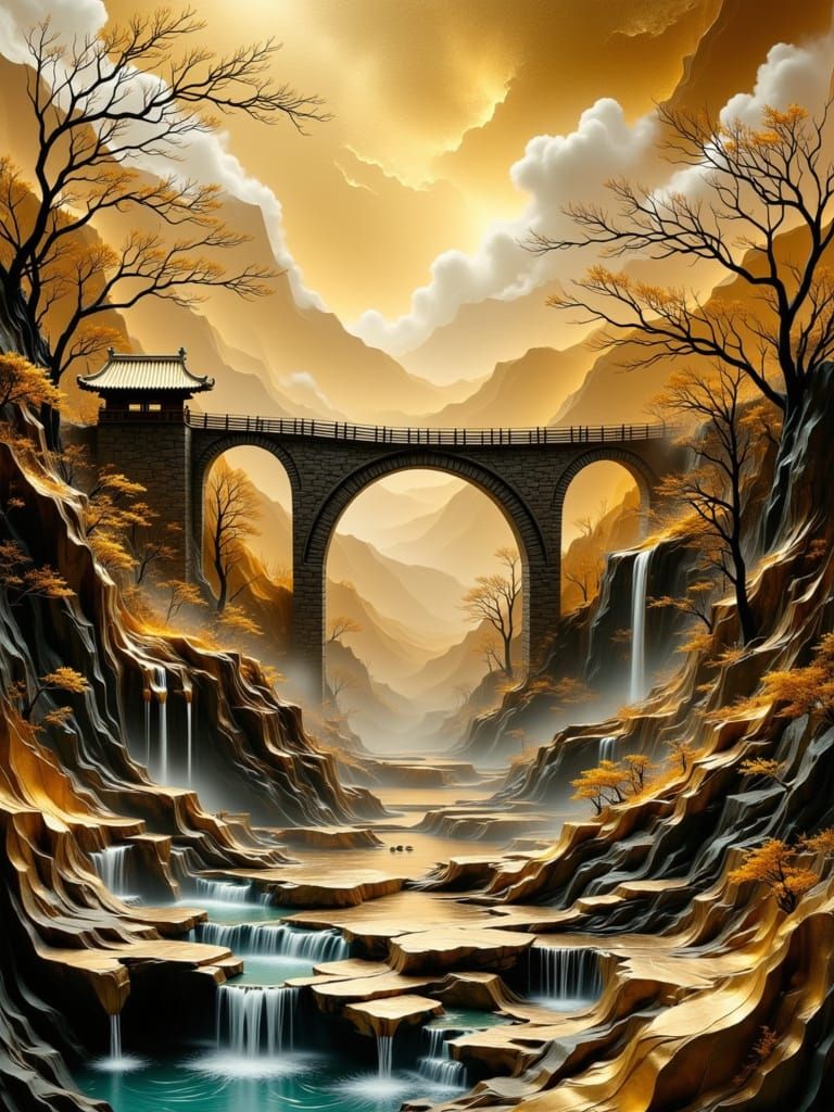 Golden Paper Aqueduct in Abstract Zen Garden