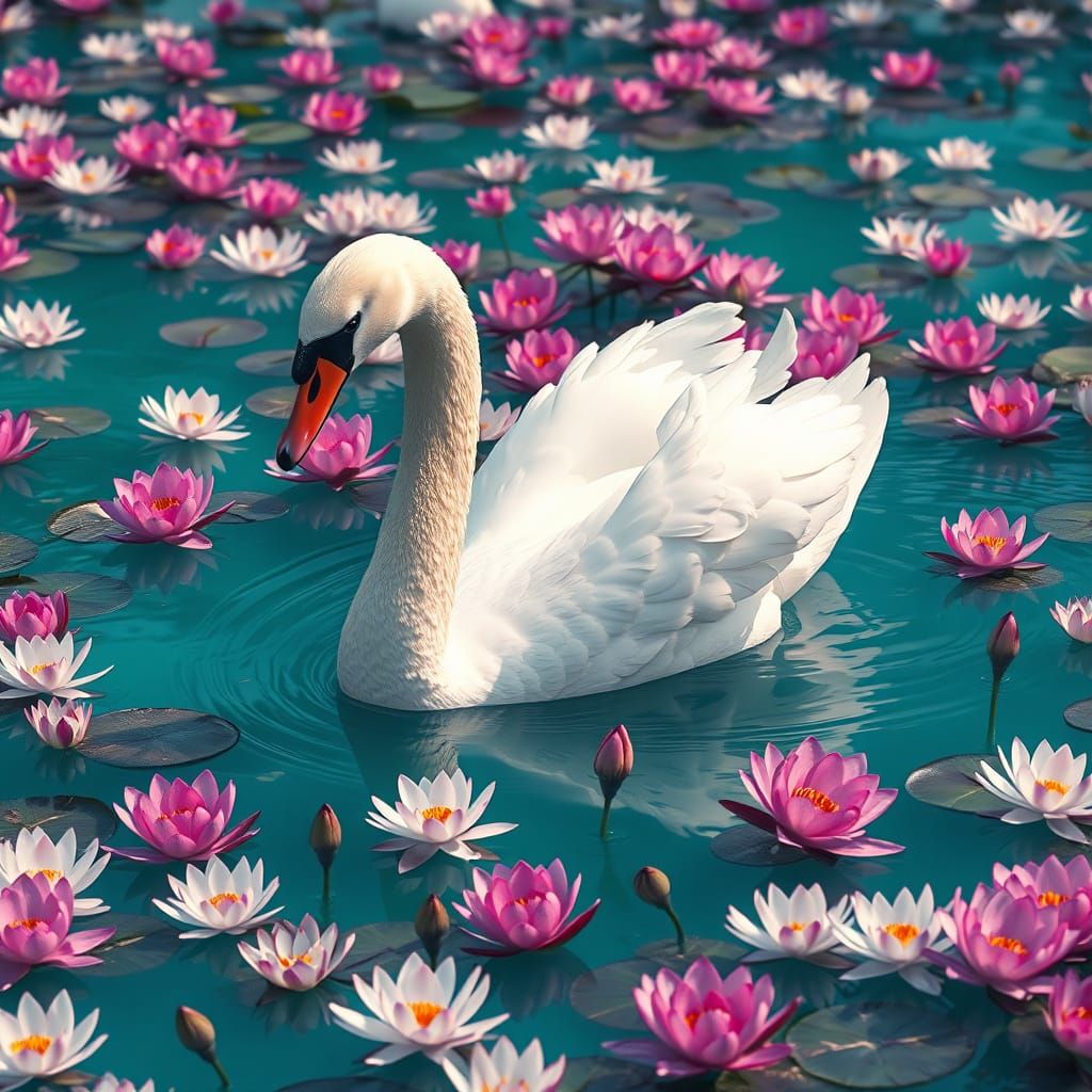 Ethereal Swan Surrounded by Lotus Blossoms in Turquoise Lake