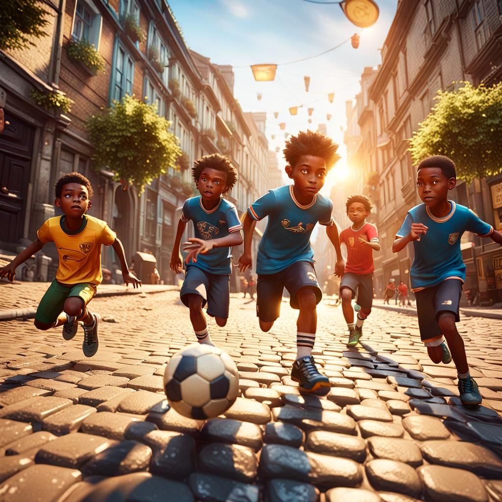 Children's Football Game in Vibrant City, 3D Render