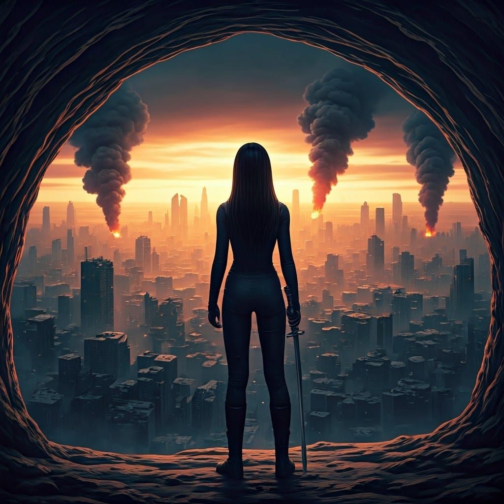 Dystopian Cityscape: Girl with Sword in Cinematic Style