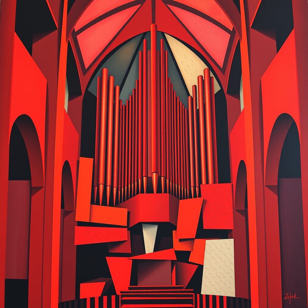 Red Pipe Organ in Cubist Cathedral Interior