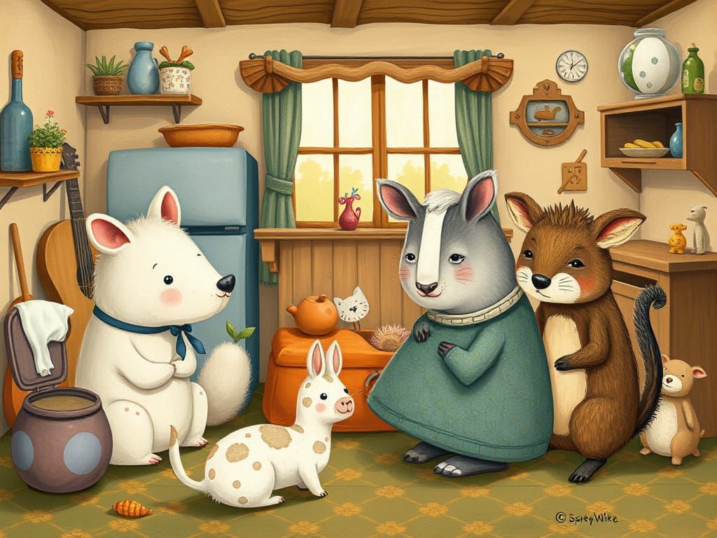 Whimsical Animal Characters in Cozy Domestic Scene