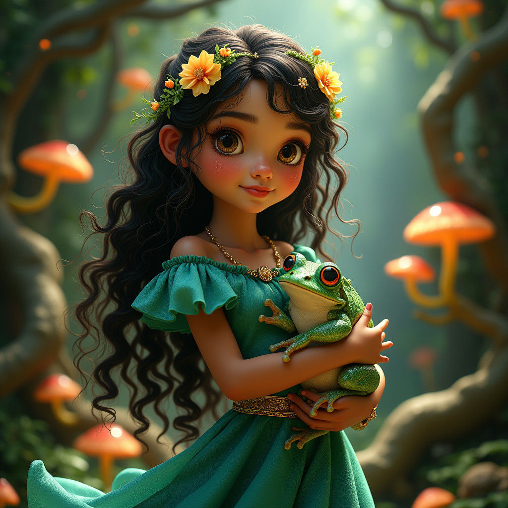 Girl with Frog in Enchanted Forest