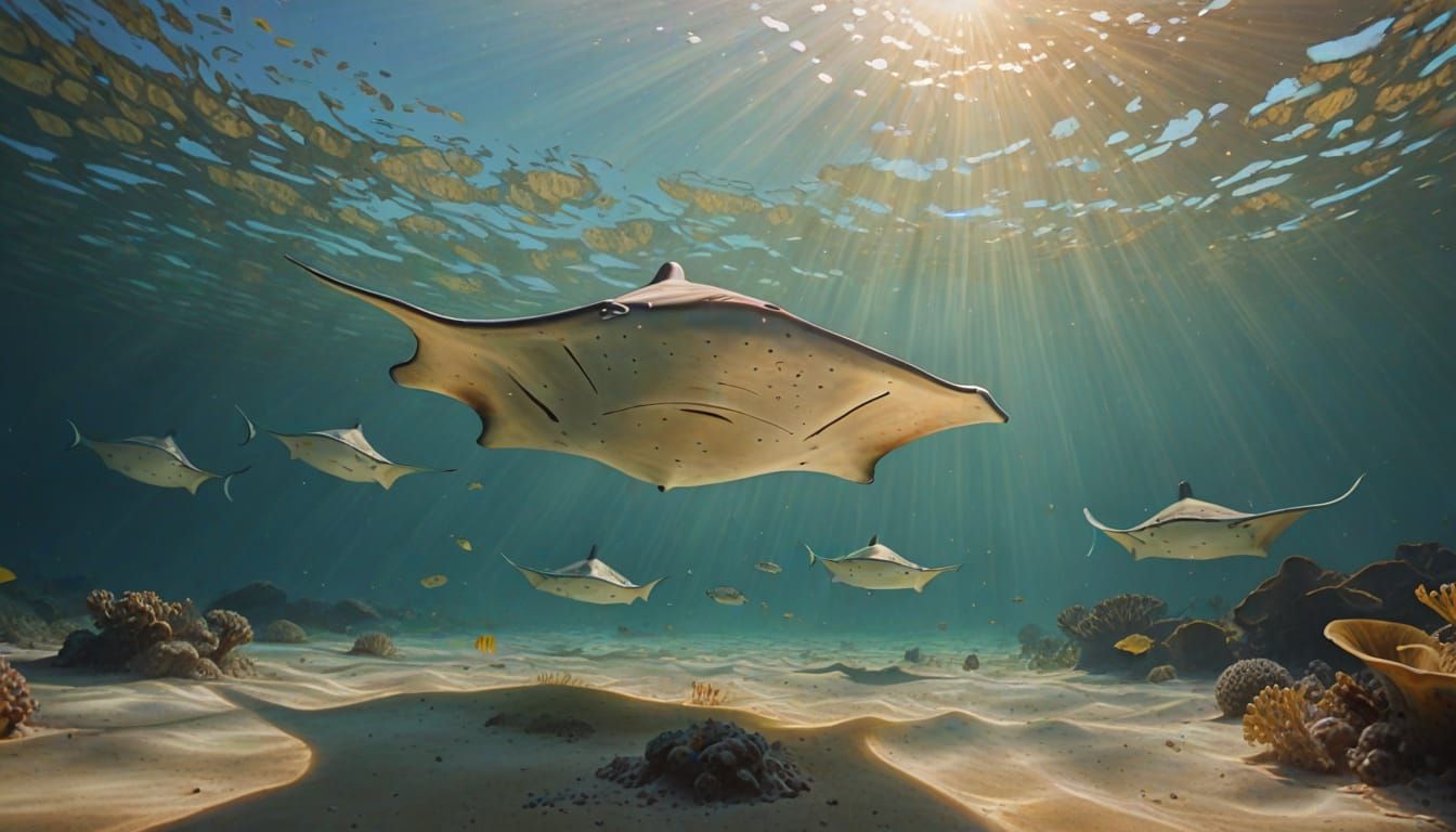 Impressionistic Stingrays Gliding in Golden Light