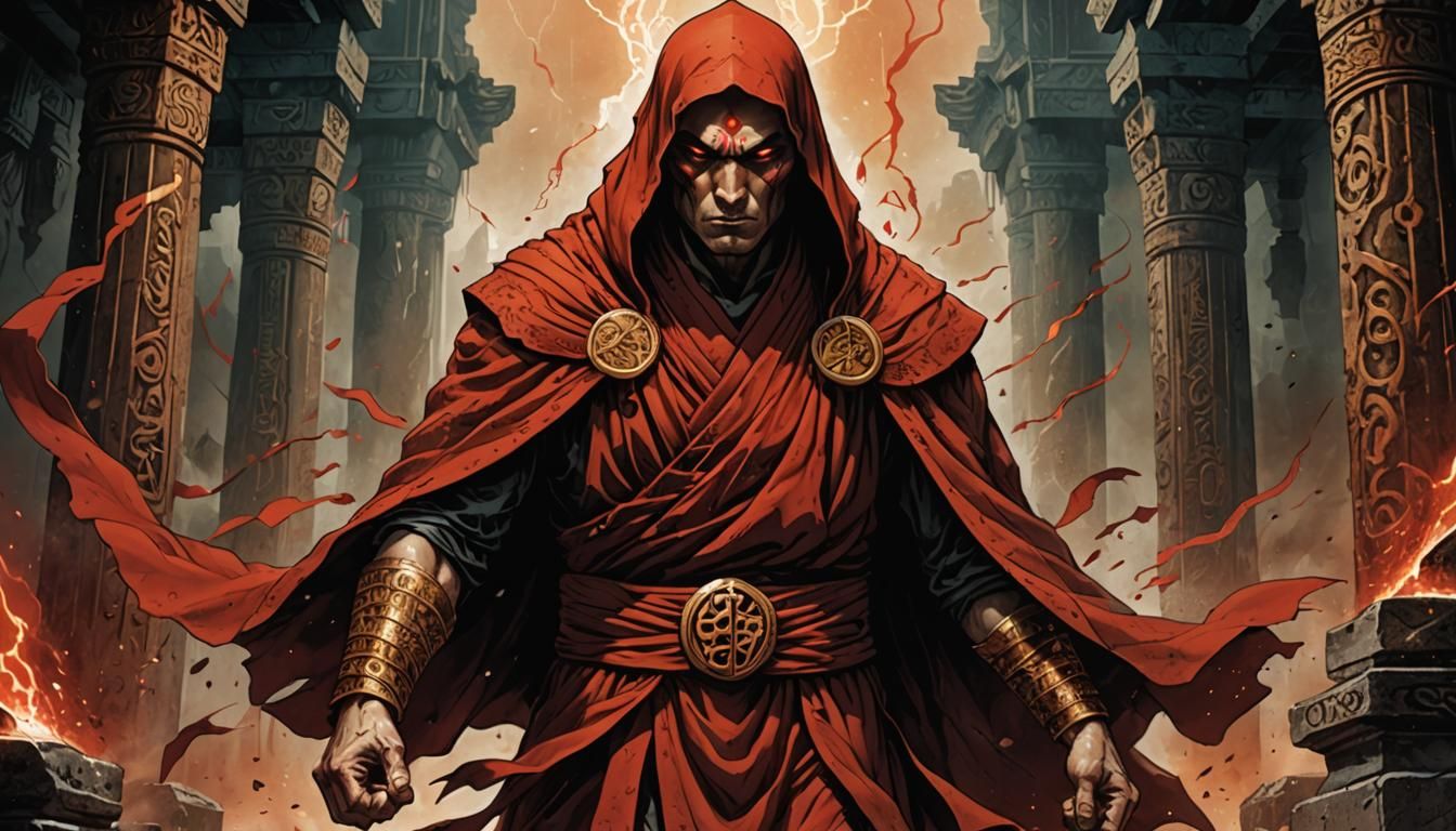Red Monk in Ruined Temple: Dark Fantasy Comic Art