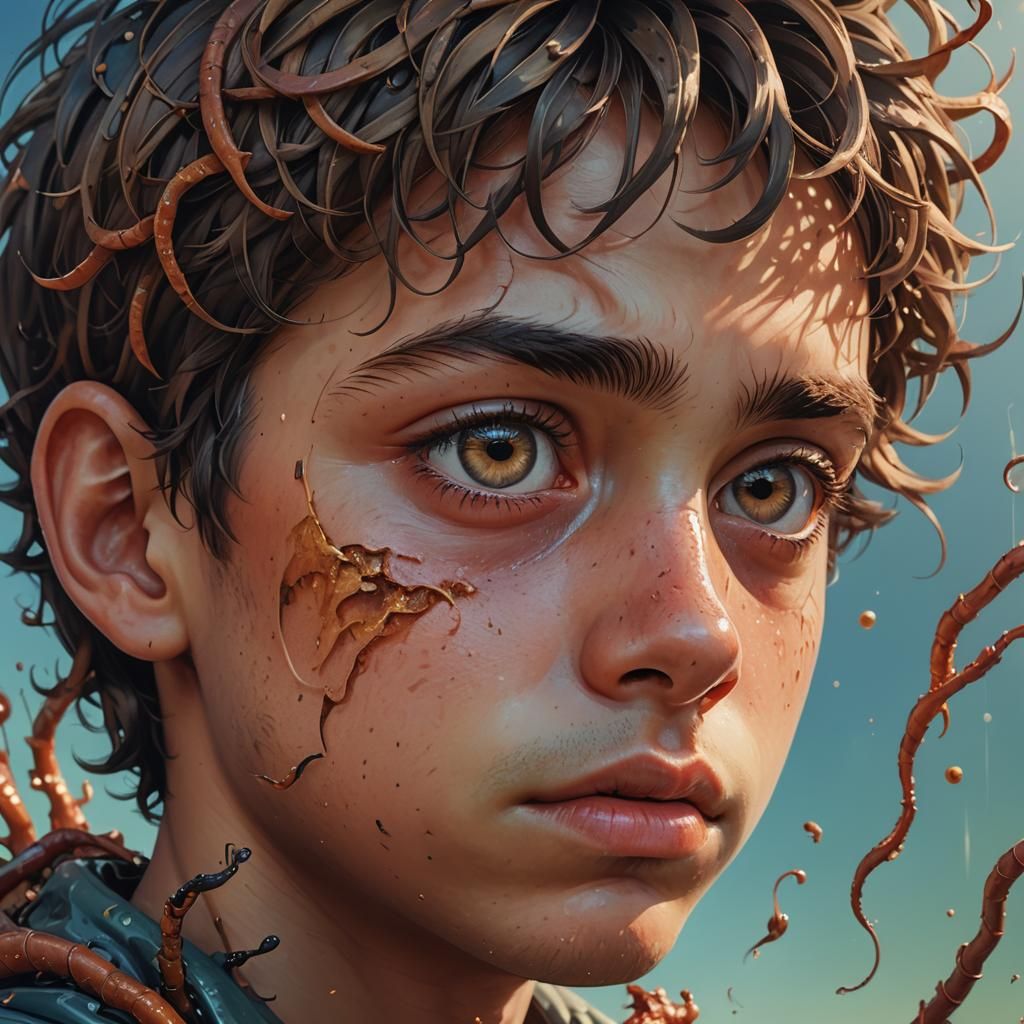 Sad Boy Portrait in Hyperrealistic Splash Art