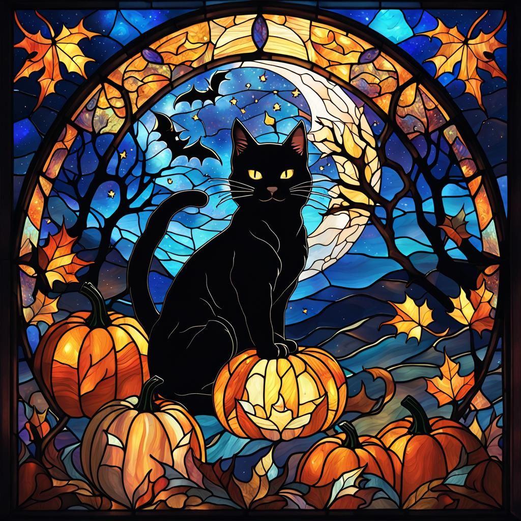 Gothic Cat Stained Glass in Dark Fantasy Style