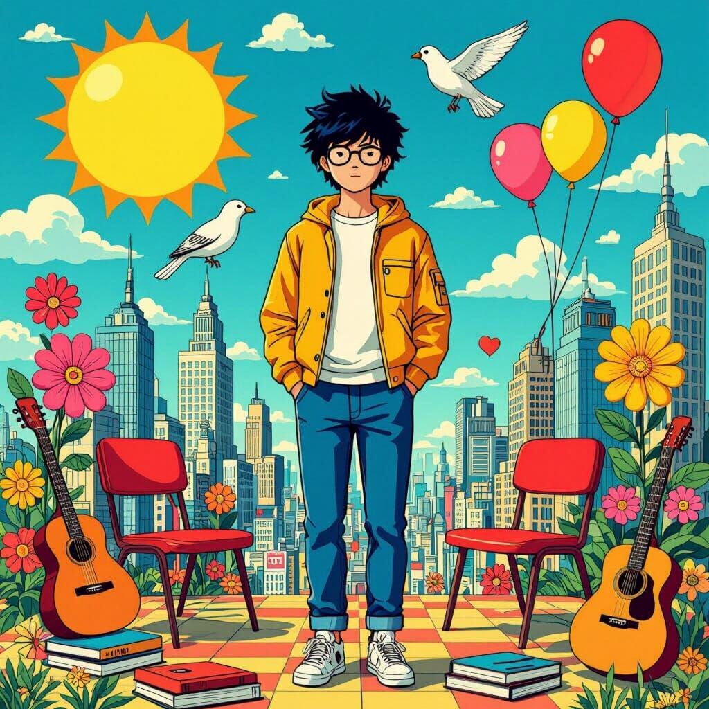 Boy in Cityscape with Objects, Murakami Style