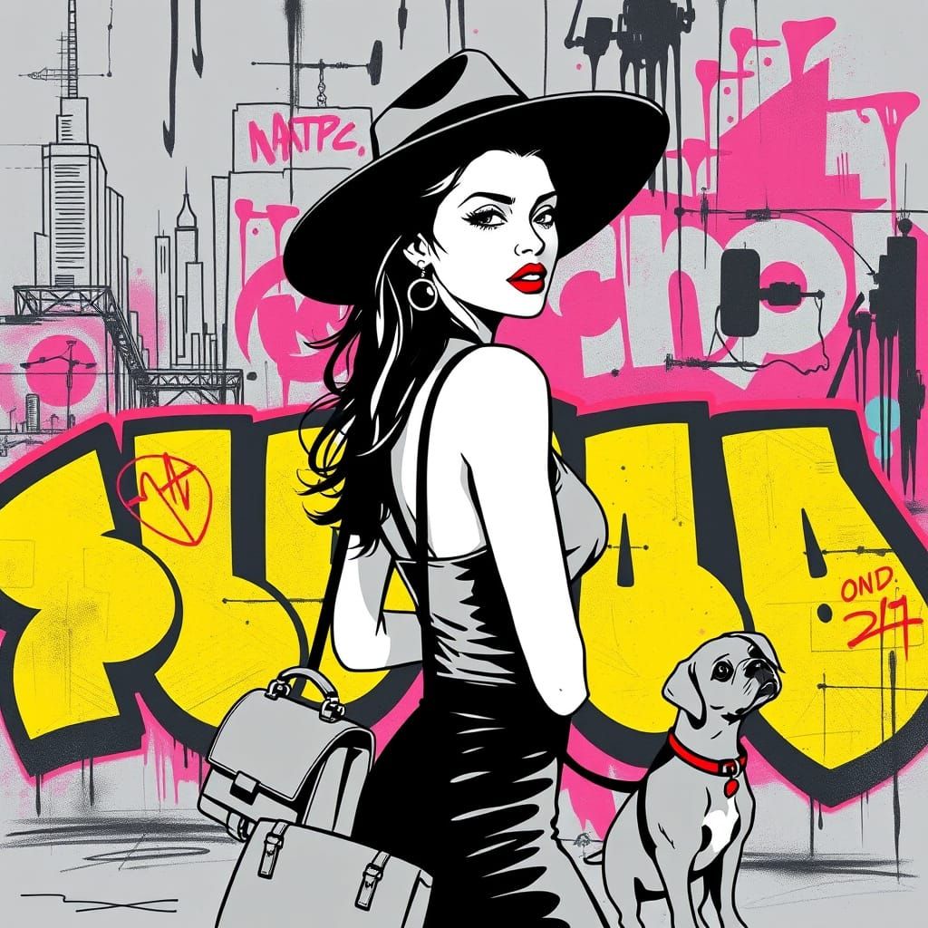 Woman with Dog in Cyberpunk City, Graffiti Art