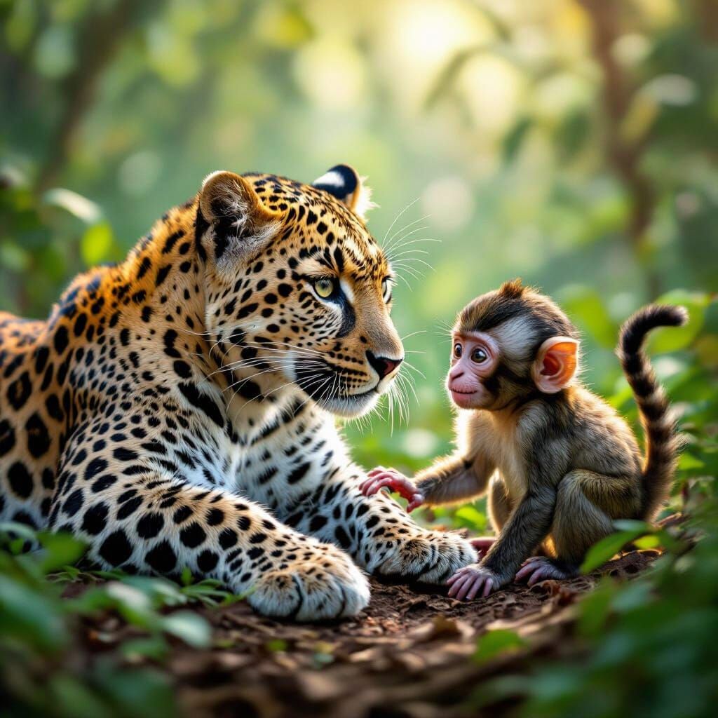Leopard and Monkey Play in Jungle with Soft Cinematic Light