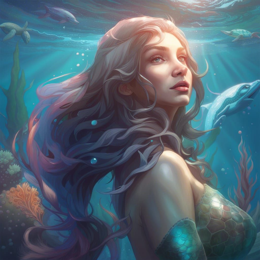 Mermaid with Dolphin and Turtle: Detailed Digital Art