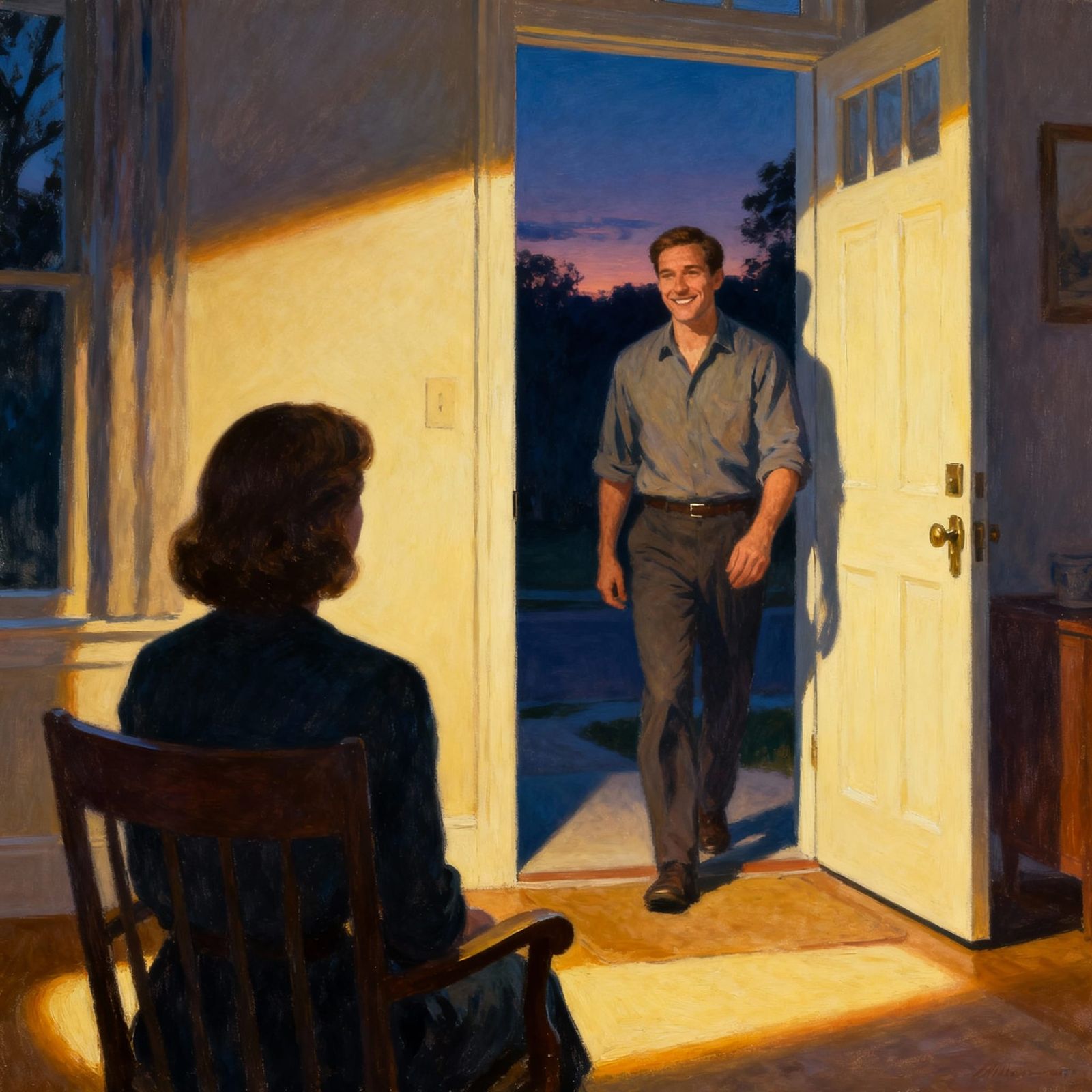 Man Returns Home to Wife, Warm Domestic Scene