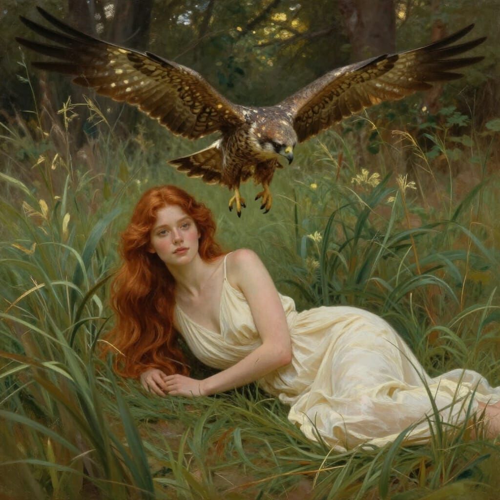 Woman and Falcon in Forest Clearing Oil Painting