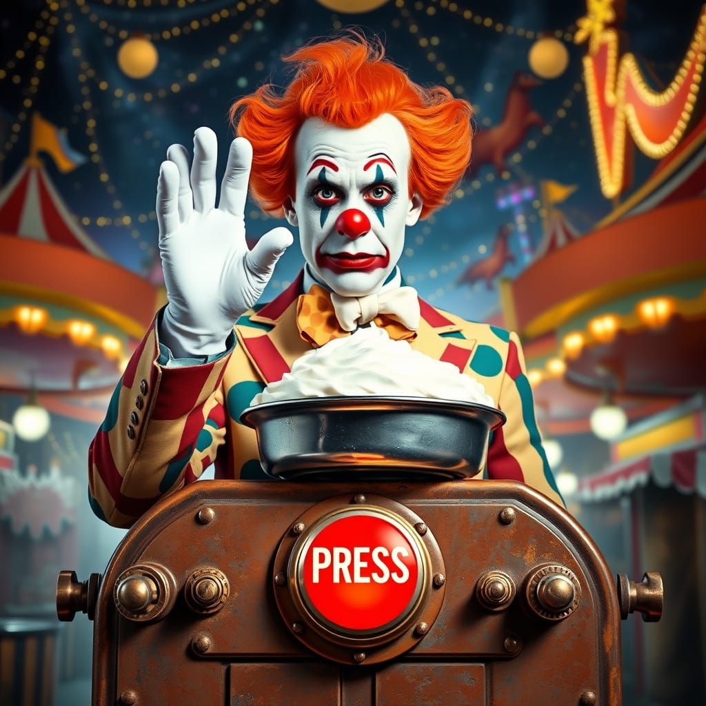 Mysterious Carnival Clown Waits Behind Shimmering Console