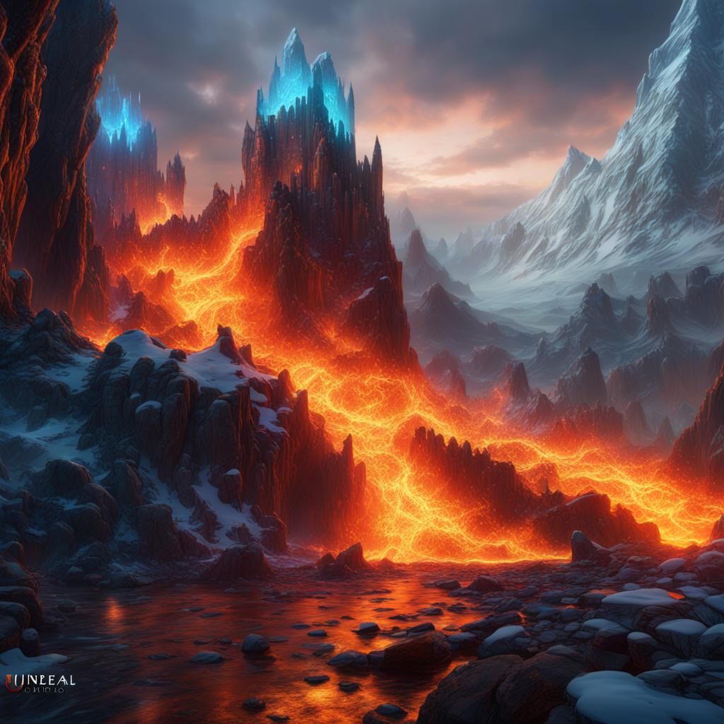Detailed Matte Painting of Fire and Ice