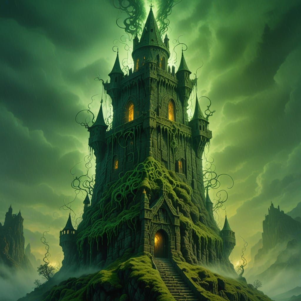 Beksiński-Inspired Tower in Noxious Green Fog