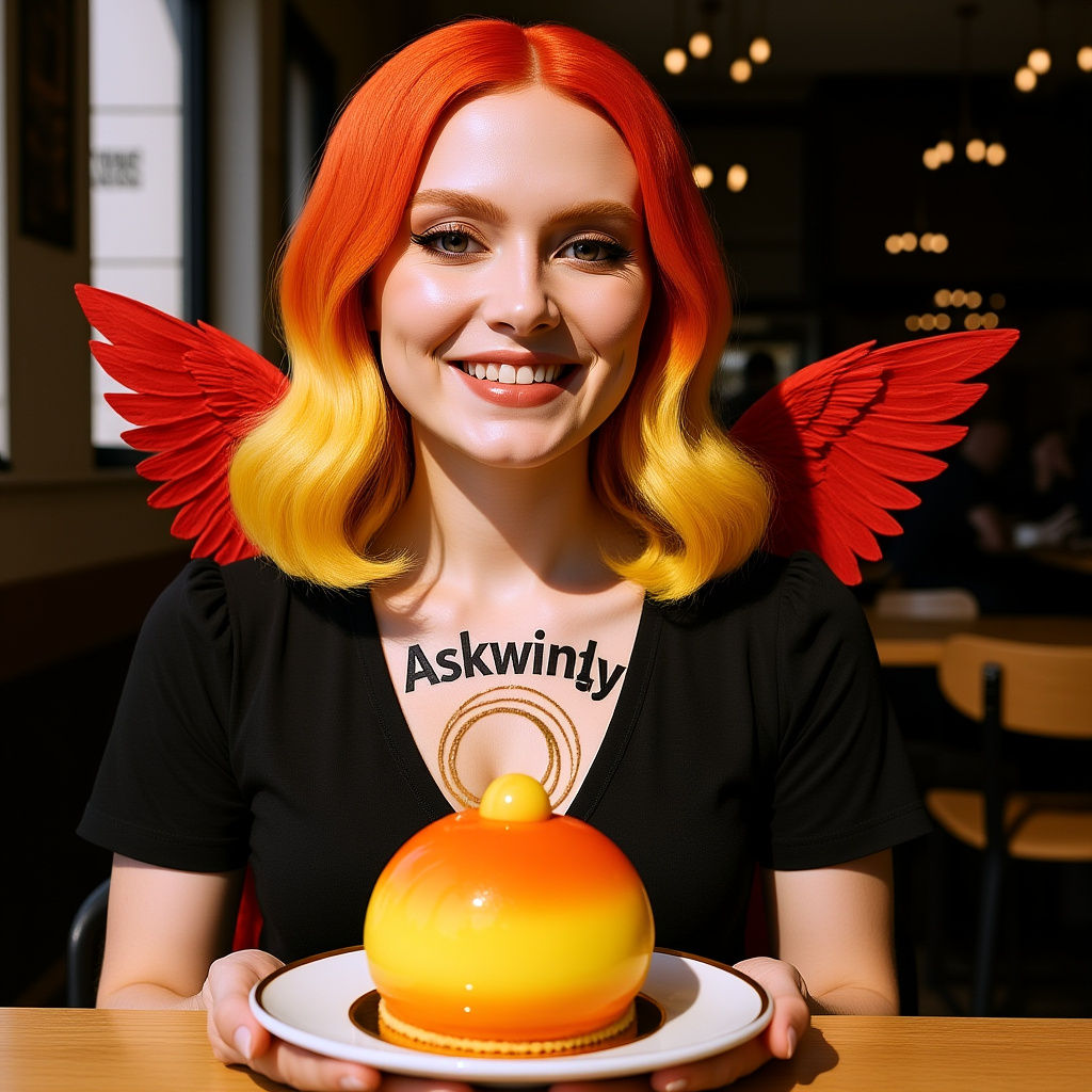 Lemon-Yellow Hair and Dessert in Café