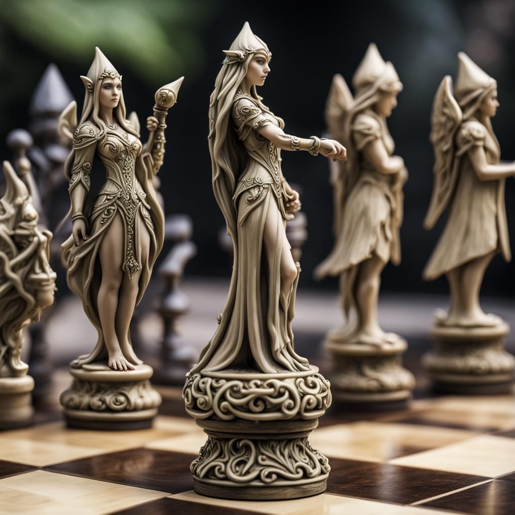 Elegant Elven Chess Pieces on Fantasy Board
