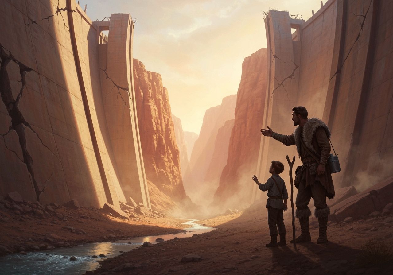 Post-Apocalyptic Canyon with Giant Dam Ruins