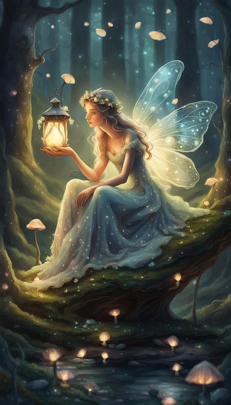 Fairy on Mushroom in Moonlit Forest Illustration