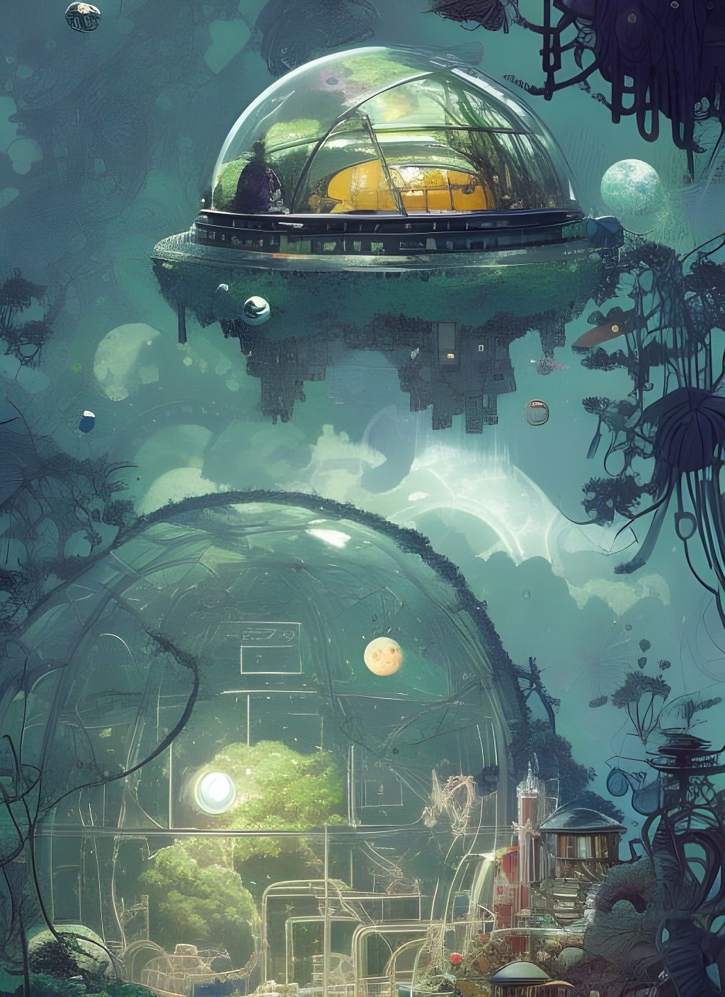 Giant Biospheres Drifting in Space: A Watercolor Masterpiece