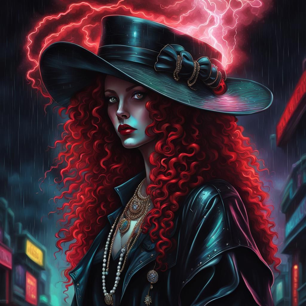 Gothic Lady with Red Hair in Surreal Synthwave