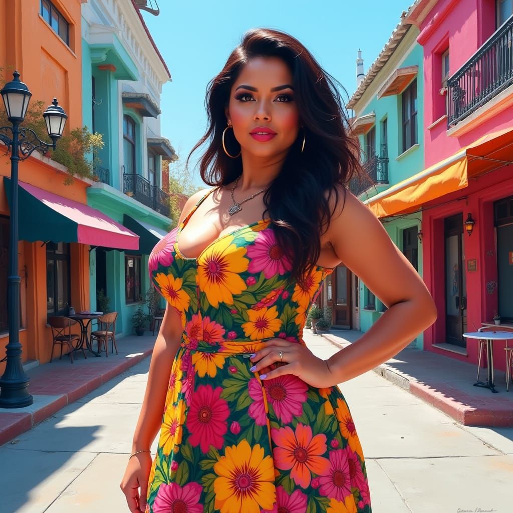 Confident Curvy Latina in Vibrant Streetscape