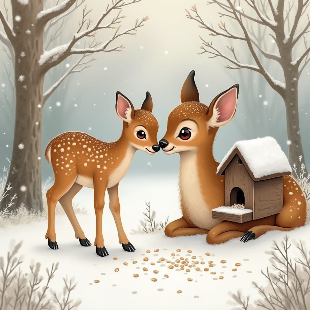 Serene Deer Mama and Baby Feed on Birdseed in Whimsical Wint...