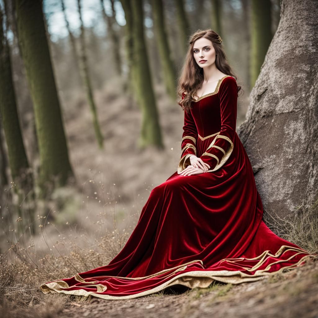 Elegant Red Velvet Medieval Dress with Gold