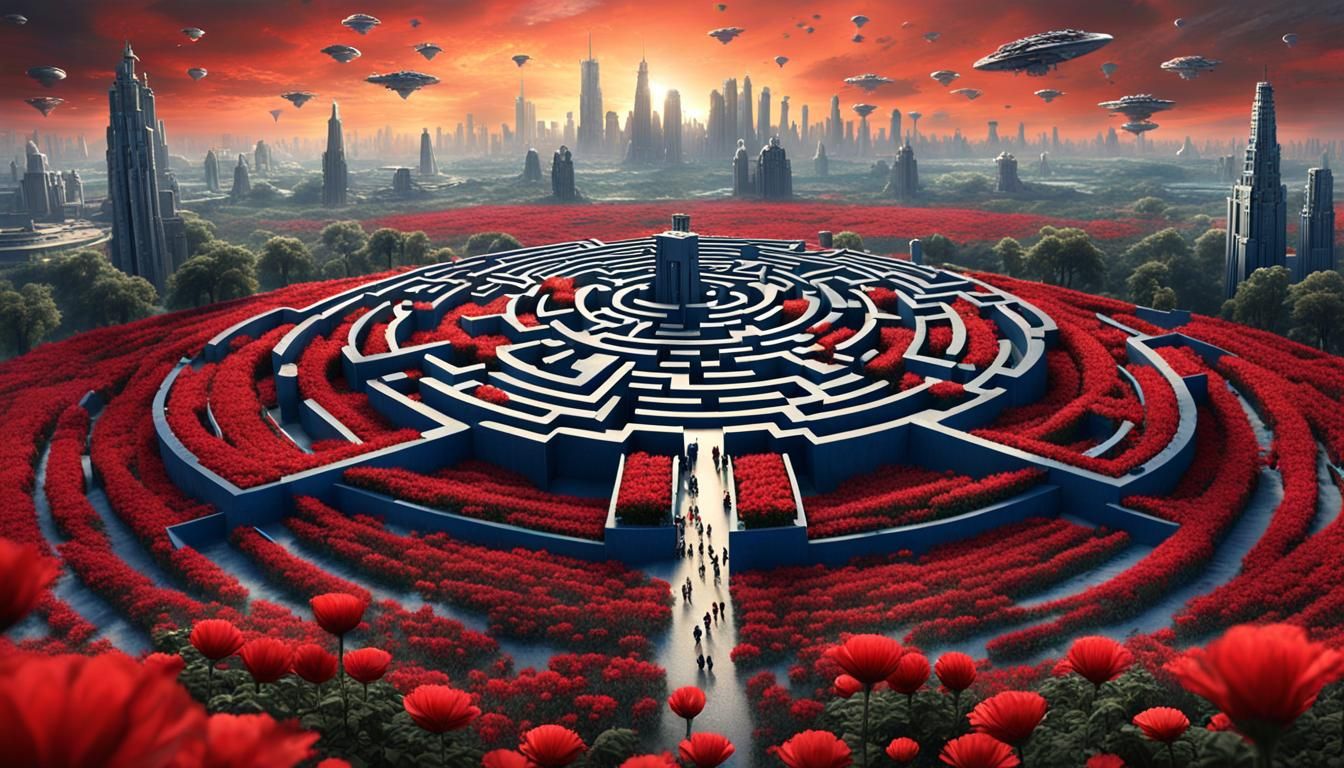 Futuristic Cityscape with Maze and Spaceships