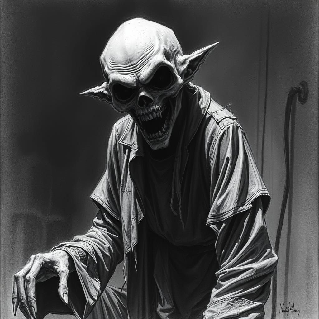 Eerie Ghoul Charcoal Drawing in High Detail